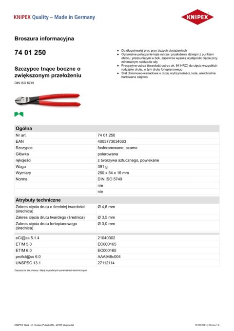 KNIPEX SZCZYPCE TNĄCE BOCZNE O ZWIĘKSZONYM PRZEŁOŻENIU 250MM KNIPEX SZCZYPCE TNĄCE BOCZNE O ZWIĘKSZONYM PRZEŁOŻENIU 250MM