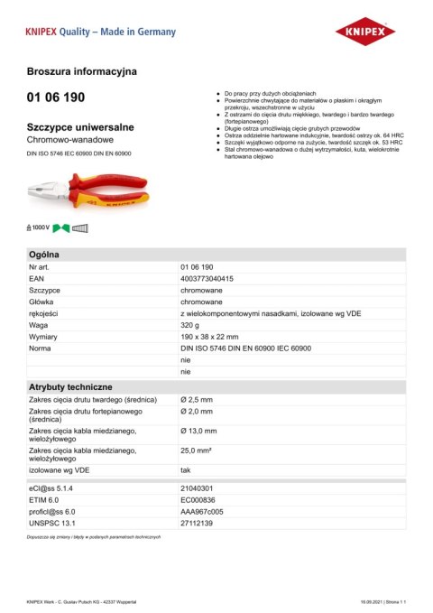 KNIPEX SZCZYPCE UNIWERSALNE VDE 1000V 190MM KNIPEX SZCZYPCE UNIWERSALNE VDE 1000V 190MM