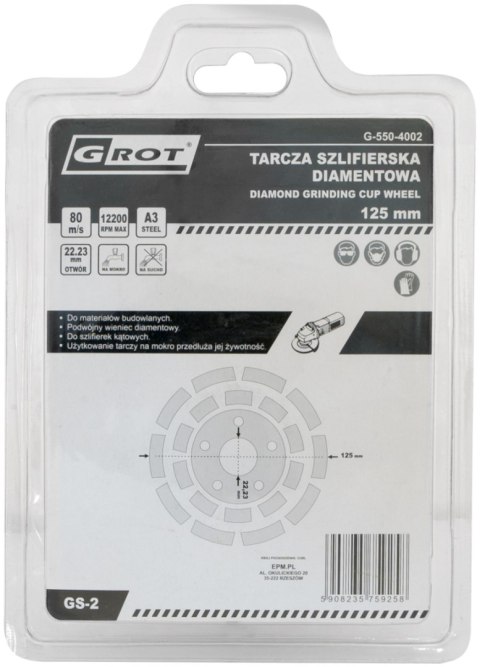 GROT TARCZA SZLIFIERSKA DIAMENTOWA GS-2 125MM GROT TARCZA SZLIFIERSKA DIAMENTOWA GS-2 125MM
