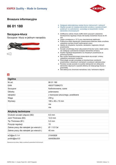 KNIPEX SZCZYPCE-KLUCZ OKSYDOWANE 180MM KNIPEX SZCZYPCE-KLUCZ OKSYDOWANE 180MM