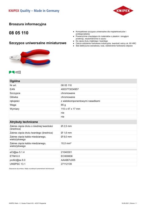 KNIPEX KOMBINERKI 110MM KNIPEX KOMBINERKI 110MM
