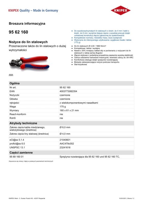 KNIPEX NOŻYCE DO LIN STALOWYCH KNIPEX NOŻYCE DO LIN STALOWYCH