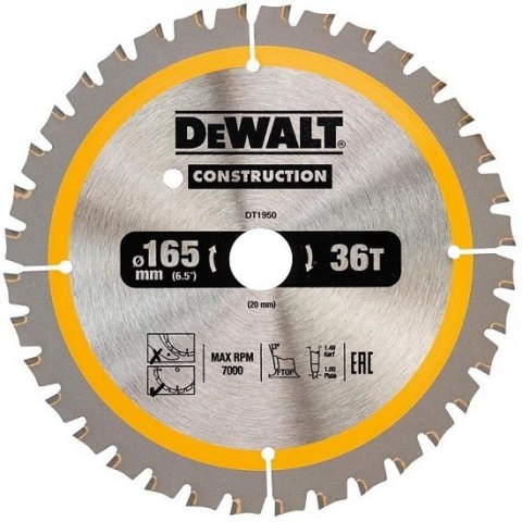 DEWALT PIŁA TARCZOWA DO DREWNA 165/20MM, 36 ZĘBÓW