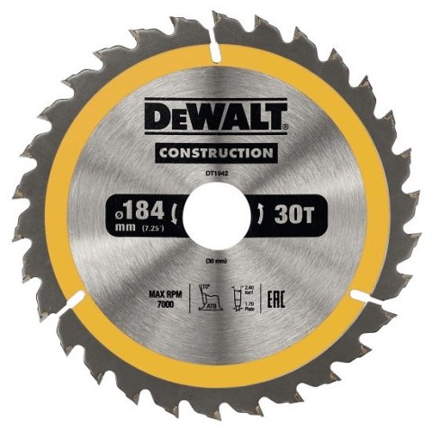 DEWALT PIŁA TARCZOWA DO DREWNA 184/30MM, 30 ZĘBÓW DEWALT PIŁA TARCZOWA DO DREWNA 184/30MM, 30 ZĘBÓW