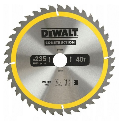 DEWALT PIŁA TARCZOWA DO DREWNA 235/30MM, 40 ZĘBÓW DEWALT PIŁA TARCZOWA DO DREWNA 235/30MM, 40 ZĘBÓW