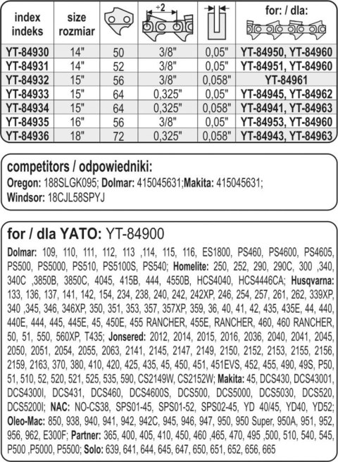 YATO PROWADNICA ŁAŃCUCHA DO PILAREK 18'' 325U YATO PROWADNICA ŁAŃCUCHA DO PILAREK 18'' 325U