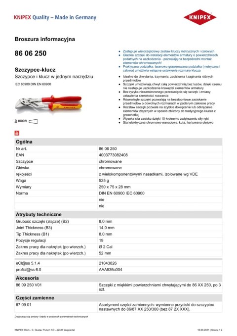 KNIPEX SZCZYPCE-KLUCZ 250MM VDE 1000V KNIPEX SZCZYPCE-KLUCZ 250MM VDE 1000V