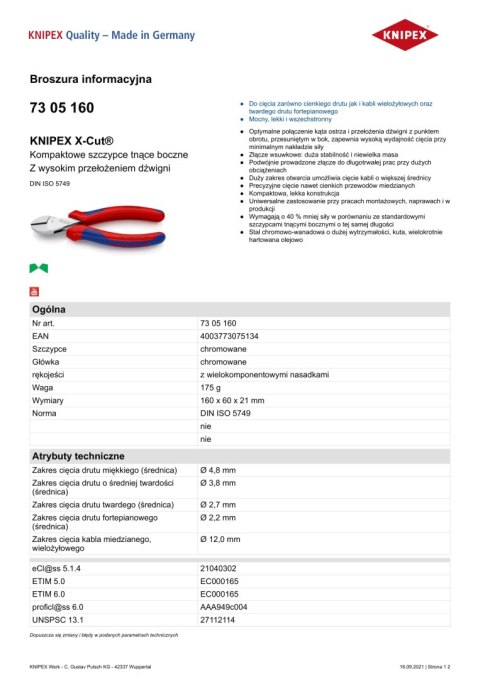 KNIPEX SZCZYPCE TNĄCE BOCZNE X-CUT 160MM,WYSOKIE PRZEŁOŻENIE DŹWIGN KNIPEX SZCZYPCE TNĄCE BOCZNE X-CUT 160MM,WYSOKIE PRZEŁOŻENIE DŹWIGN
