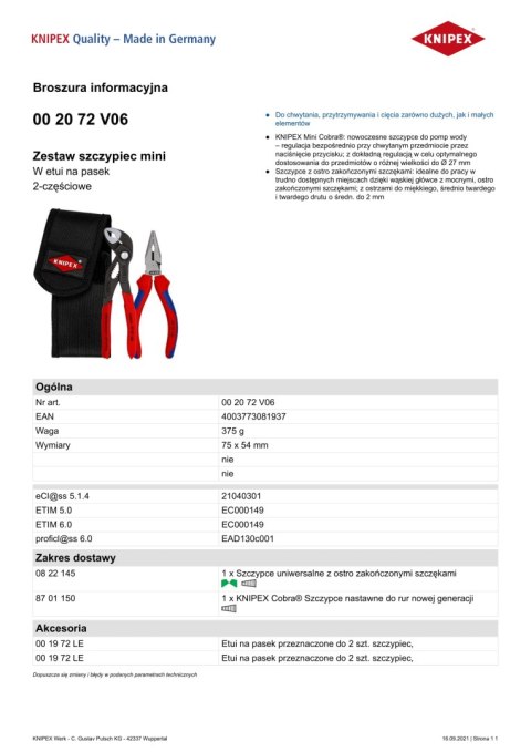 KNIPEX ZESTAW SZCZYPIEC MINI W ETUI NA PASEK 2SZT. KNIPEX ZESTAW SZCZYPIEC MINI W ETUI NA PASEK 2SZT.