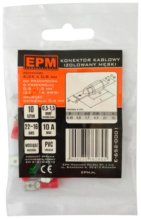 EPM KOŃCÓWKA WSUWANA IZOLOWANA 0.5-1.5MM 0.8-6.35 10 SZTUK EPM KOŃCÓWKA WSUWANA IZOLOWANA 0.5-1.5MM 0.8-6.35 10 SZTUK
