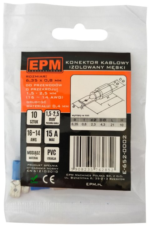 EPM KOŃCÓWKA WSUWANA IZOLOWANA 1.5-2.5MM 0.8-6.35 10 SZTUK EPM KOŃCÓWKA WSUWANA IZOLOWANA 1.5-2.5MM 0.8-6.35 10 SZTUK