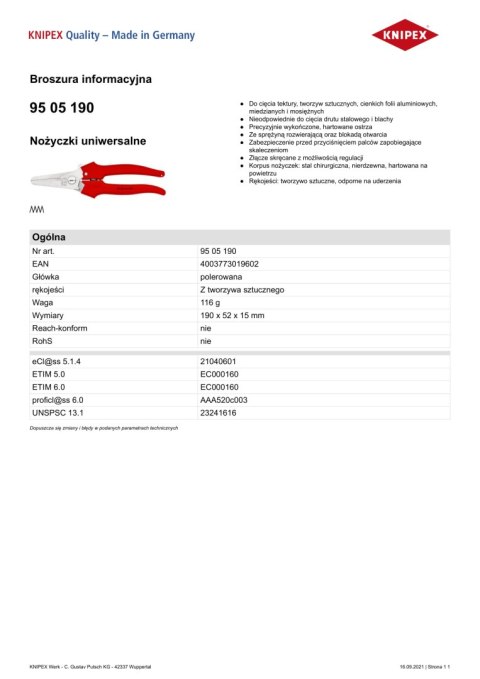 KNIPEX NOŻYCZKI UNIWERSALNE 190MM KNIPEX NOŻYCZKI UNIWERSALNE 190MM