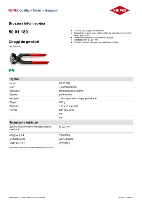 KNIPEX OBCĘGI DO GWOŹDZI 180MM KNIPEX OBCĘGI DO GWOŹDZI 180MM