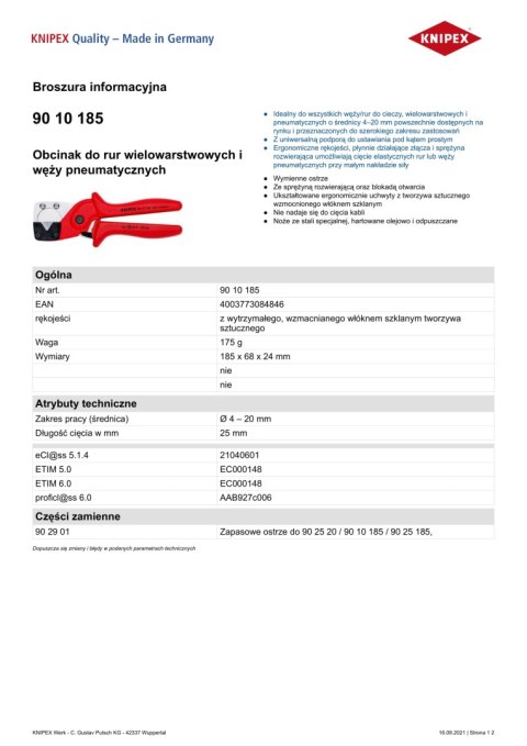 KNIPEX OBCINAK DO RUR WIELOWARSTWOWYCH I WĘŻY PNEUMATYCZNYCH 185MM KNIPEX OBCINAK DO RUR WIELOWARSTWOWYCH I WĘŻY PNEUMATYCZNYCH 185MM