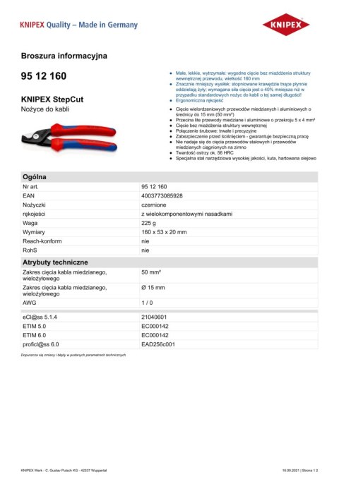KNIPEX NOŻYCE DO KABLI STEPCUT 160MM KNIPEX NOŻYCE DO KABLI STEPCUT 160MM