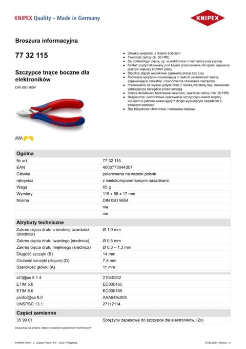 KNIPEX SZCZYPCE TNĄCE BOCZNE 115MM KNIPEX SZCZYPCE TNĄCE BOCZNE 115MM