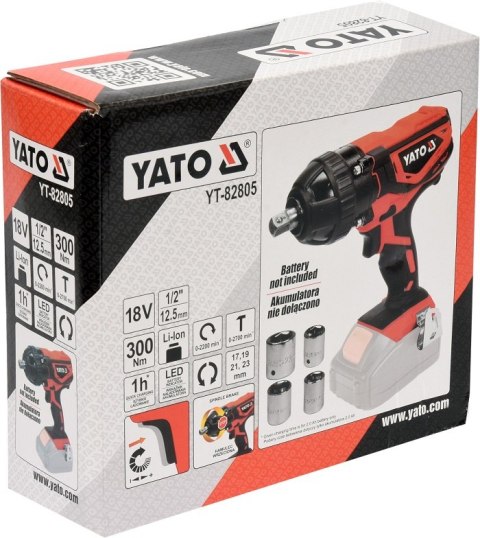 YATO KLUCZ UDAROWY 18V 1/2'' 300NM, BEZ AKUMULATORA YATO KLUCZ UDAROWY 18V 1/2'' 300NM, BEZ AKUMULATORA
