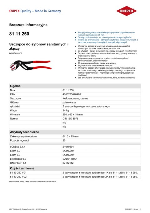 KNIPEX SZCZYPCE DO SYFONÓW SANITARNYCH I ZŁĄCZY 250 MM KNIPEX SZCZYPCE DO SYFONÓW SANITARNYCH I ZŁĄCZY 250 MM