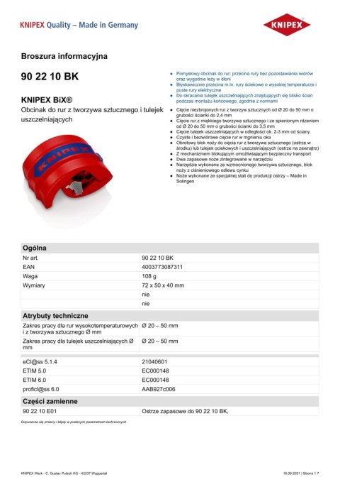 KNIPEX OBCINAK BIX DO RUR Z TWORZYWA I TULEJEK 20-50MM KNIPEX OBCINAK BIX DO RUR Z TWORZYWA I TULEJEK 20-50MM