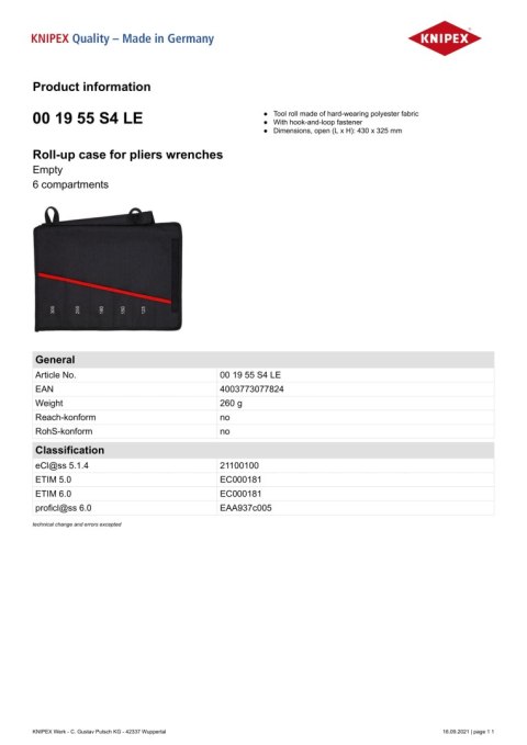 KNIPEX ETUI ZWIJANE NA KLUCZE, 5 PRZEGRÓDEK KNIPEX ETUI ZWIJANE NA KLUCZE, 5 PRZEGRÓDEK