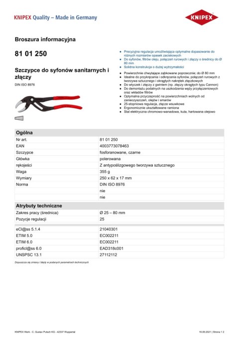 KNIPEX SZCZYPCE DO SYFONÓW SANITARNYCH I ZŁĄCZY 250MM, 25-80MM KNIPEX SZCZYPCE DO SYFONÓW SANITARNYCH I ZŁĄCZY 250MM, 25-80MM