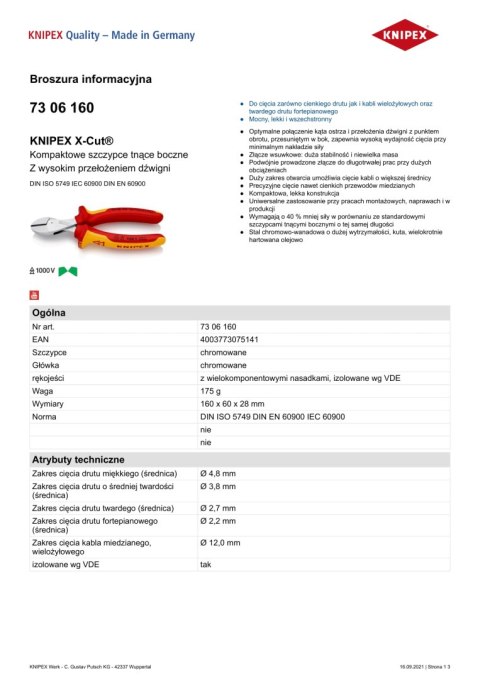 KNIPEX SZCZYPCE TNĄCE BOCZNE X-CUT 160MM,WYSOKIE PRZEŁOŻENIE DŹWIGN KNIPEX SZCZYPCE TNĄCE BOCZNE X-CUT 160MM,WYSOKIE PRZEŁOŻENIE DŹWIGN