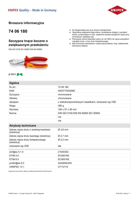 KNIPEX SZCZYPCE TNĄCE BOCZNE O ZWIĘKSZONYM PRZEŁOŻENIU 180MM KNIPEX SZCZYPCE TNĄCE BOCZNE O ZWIĘKSZONYM PRZEŁOŻENIU 180MM