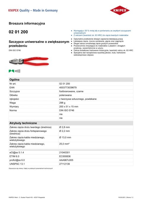 KNIPEX SZCZYPCE UNIWERSALNE 200MM O ZWIĘKSZONYM PRZEŁOŻENIU KNIPEX SZCZYPCE UNIWERSALNE 200MM O ZWIĘKSZONYM PRZEŁOŻENIU