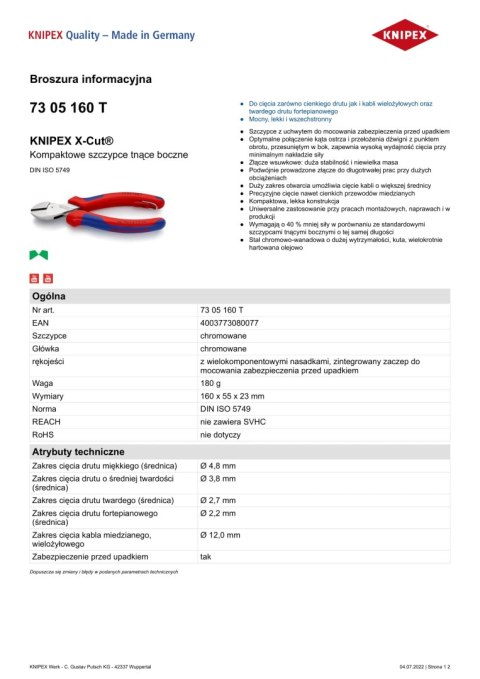 KNIPEX KOMPAKTOWE SZCZYPCE TNĄCE BOCZNE X-CUT 160MM KNIPEX KOMPAKTOWE SZCZYPCE TNĄCE BOCZNE X-CUT 160MM