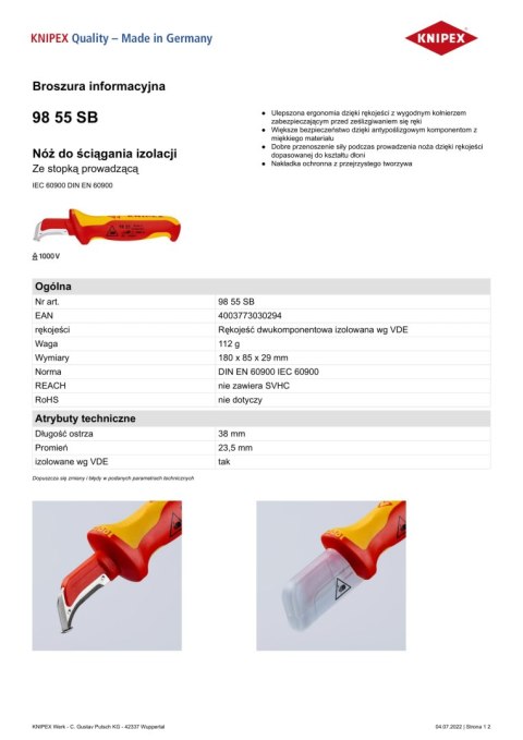 KNIPEX NÓŻ DO ŚCIĄGANIA IZOLACJI ZE STOPKĄ PROWADZĄCĄ 180MM KNIPEX NÓŻ DO ŚCIĄGANIA IZOLACJI ZE STOPKĄ PROWADZĄCĄ 180MM