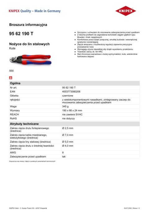 KNIPEX NOŻYCE DO LIN STALOWYCH KUTE 190MM. KNIPEX NOŻYCE DO LIN STALOWYCH KUTE 190MM.