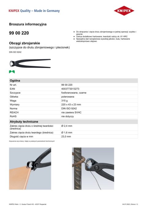 KNIPEX OBCĘGI ZBROJARSKIE DO DRUTU ZBROJENIOWEGO I PLECIONEK 220MM KNIPEX OBCĘGI ZBROJARSKIE DO DRUTU ZBROJENIOWEGO I PLECIONEK 220MM