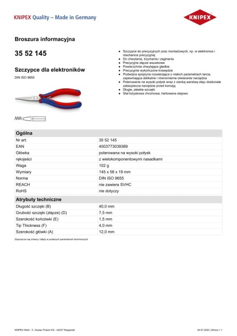 KNIPEX SZCZYPCE DLA ELEKTRONIKÓW 145MM KNIPEX SZCZYPCE DLA ELEKTRONIKÓW 145MM