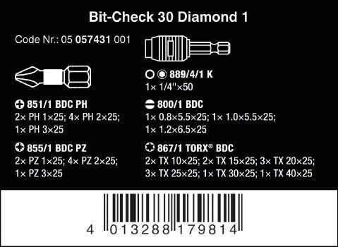 WERA ZESTAW BITÓW BIT-CHECK 30 DIAMOND 1, 30 CZĘŚĆ WERA ZESTAW BITÓW BIT-CHECK 30 DIAMOND 1, 30 CZĘŚĆ