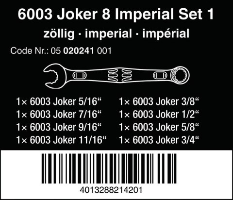 WERA ZESTAW KLUCZY PŁASKO-OCZKOWYCH 6003 JOKER 8 IMPERIAL, 8CZ. WERA ZESTAW KLUCZY PŁASKO-OCZKOWYCH 6003 JOKER 8 IMPERIAL, 8CZ.