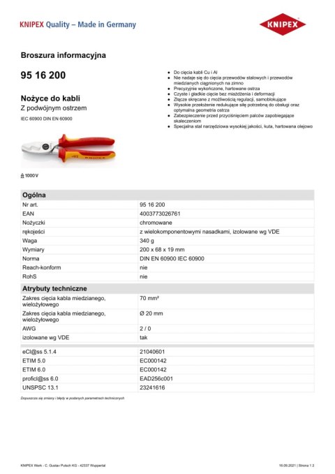KNIPEX NOŻYCE DO KABLI IZOLOWANE PODWÓJNE OSTRZE 200MM KNIPEX NOŻYCE DO KABLI IZOLOWANE PODWÓJNE OSTRZE 200MM