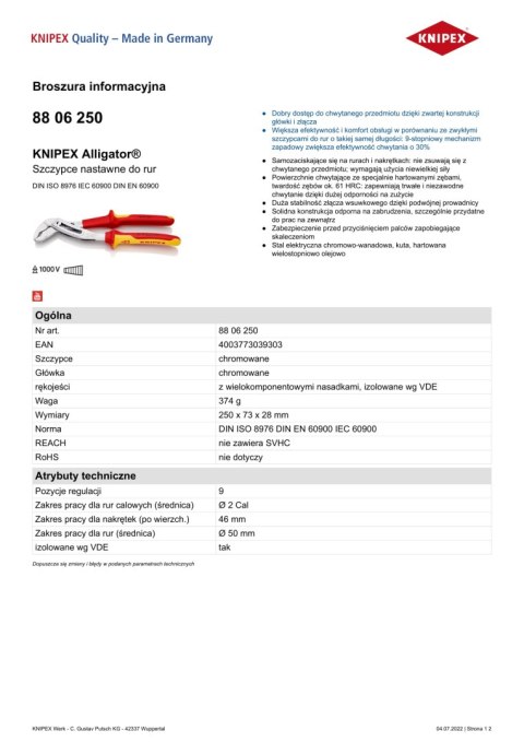 KNIPEX SZCZYPCE DO RUR NASTAWNE ALIGATOR IZOLOWANE 250MM KNIPEX SZCZYPCE DO RUR NASTAWNE ALIGATOR IZOLOWANE 250MM