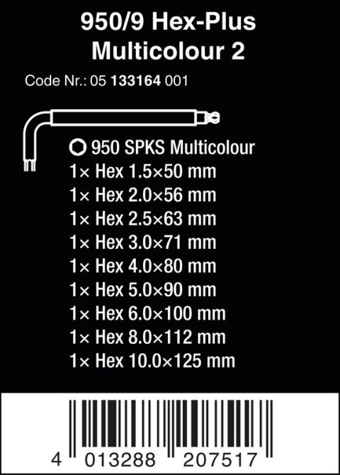 WERA ZESTAW KLUCZY TRZPIENIOWYCH 950/9 HEX-PLUS MULTICOLOUR WERA ZESTAW KLUCZY TRZPIENIOWYCH 950/9 HEX-PLUS MULTICOLOUR