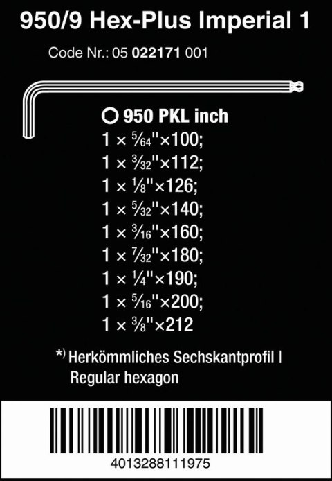 WERA ZESTAW KLUCZY TRZPIENIOWYCH IMPERIAL 950/9 HEX PLUS 9 CZ, WERA ZESTAW KLUCZY TRZPIENIOWYCH IMPERIAL 950/9 HEX PLUS 9 CZ,
