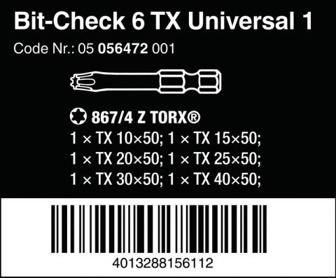 WERA ZESTAW BIT-CHECK 6 TX UNIVERSAL 1, 6CZ. WERA ZESTAW BIT-CHECK 6 TX UNIVERSAL 1, 6CZ.