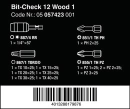 WERA ZESTAW BITÓW BIT-CHECK 12 WOOD 1, 12CZ.