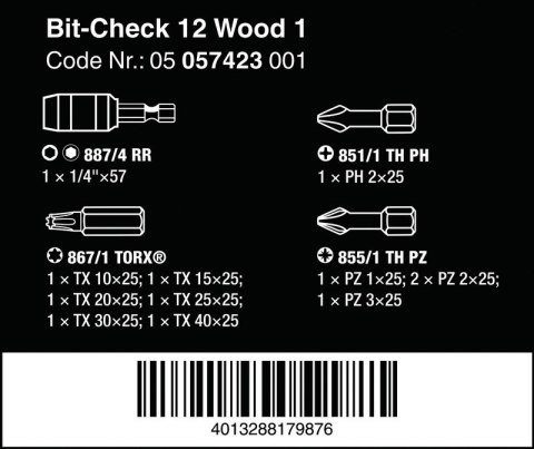 WERA ZESTAW BITÓW BIT-CHECK 12 WOOD 1, 12CZ. WERA ZESTAW BITÓW BIT-CHECK 12 WOOD 1, 12CZ.