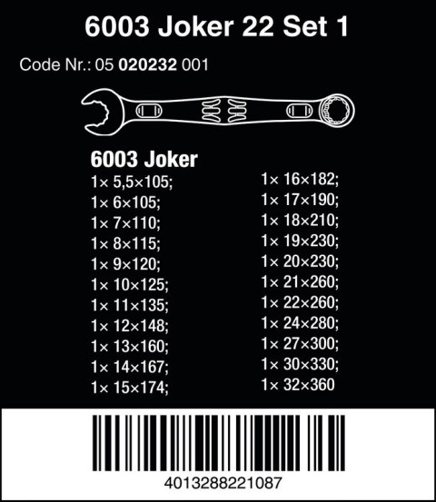 WERA ZESTAW KLUCZY PŁASKO-OCZKOWYCH 6003 JOKER 22 SET 1, 22SZT. WERA ZESTAW KLUCZY PŁASKO-OCZKOWYCH 6003 JOKER 22 SET 1, 22SZT.