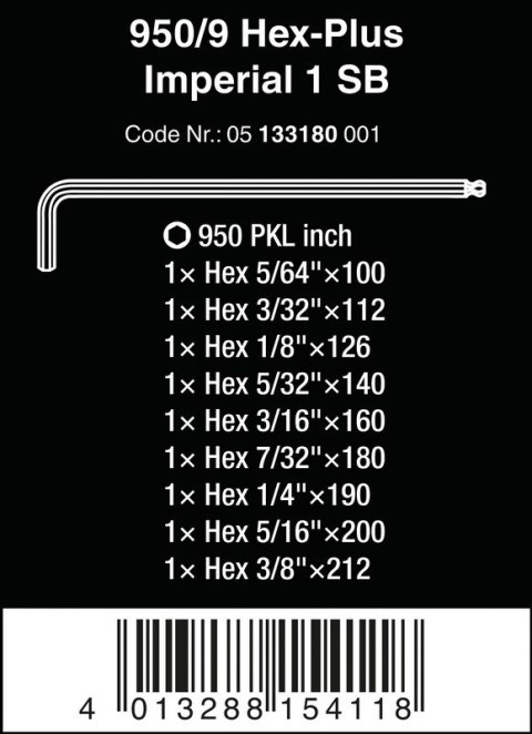 WERA ZESTAW KLUCZY TRZPIENIOWYCH IMPERIAL Z KULKĄ HEX PLUS 9 CZ, WERA ZESTAW KLUCZY TRZPIENIOWYCH IMPERIAL Z KULKĄ HEX PLUS 9 CZ,