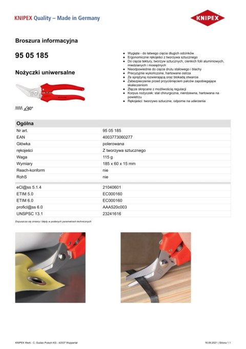 KNIPEX NOŻYCZKI UNIWERSALNE 185MM KNIPEX NOŻYCZKI UNIWERSALNE 185MM
