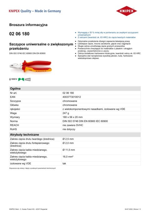 KNIPEX SZCZYPCE UNIWERSALNE 180MM O ZWIĘKSZONYM PRZEŁOŻENIU KNIPEX SZCZYPCE UNIWERSALNE 180MM O ZWIĘKSZONYM PRZEŁOŻENIU