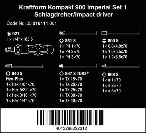 WERA WKRĘTAK UDAROWY KRAFTFORM KOMPAKT 900 IMPERIAL, SET 1, 19CZ. WERA WKRĘTAK UDAROWY KRAFTFORM KOMPAKT 900 IMPERIAL, SET 1, 19CZ.