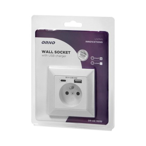 ORNO GNIAZDO POJEDYNCZE 2P+Z USB-A + USB-C WYJŚCIE ORNO GNIAZDO POJEDYNCZE 2P+Z USB-A + USB-C WYJŚCIE
