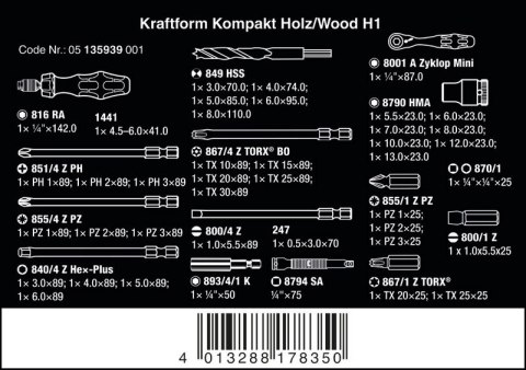 WERA KRAFTFORM KOMPAKT H 1 DO DREWNA, 41 CZĘŚĆ WERA KRAFTFORM KOMPAKT H 1 DO DREWNA, 41 CZĘŚĆ