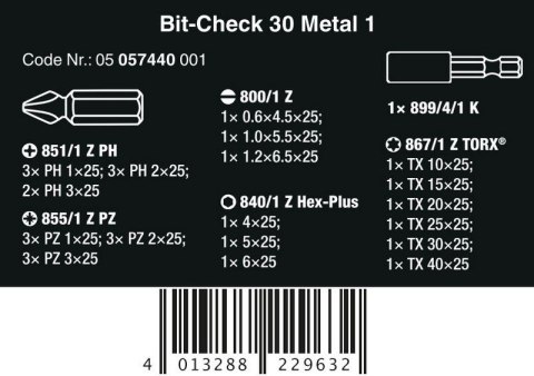 WERA ZESTAW BITÓW BIT-CHECK 30 METAL 1 SB, 30 CZ. WERA ZESTAW BITÓW BIT-CHECK 30 METAL 1 SB, 30 CZ.